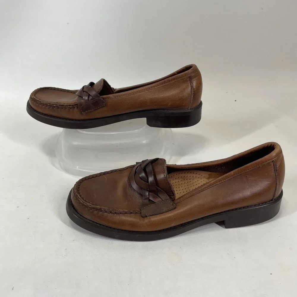 GH Bass Weejuns Mens 6 Brown Leather Braided Strap Moc Toe Loafers Shoes